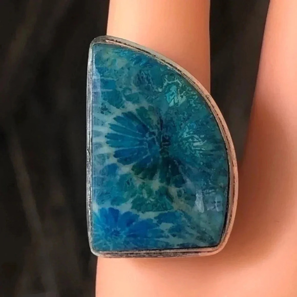 SIZE 6 Gorgeous Blue Coral Fossil Unique 925 Sterling Silver Ring NWT - Picture 2 of 6